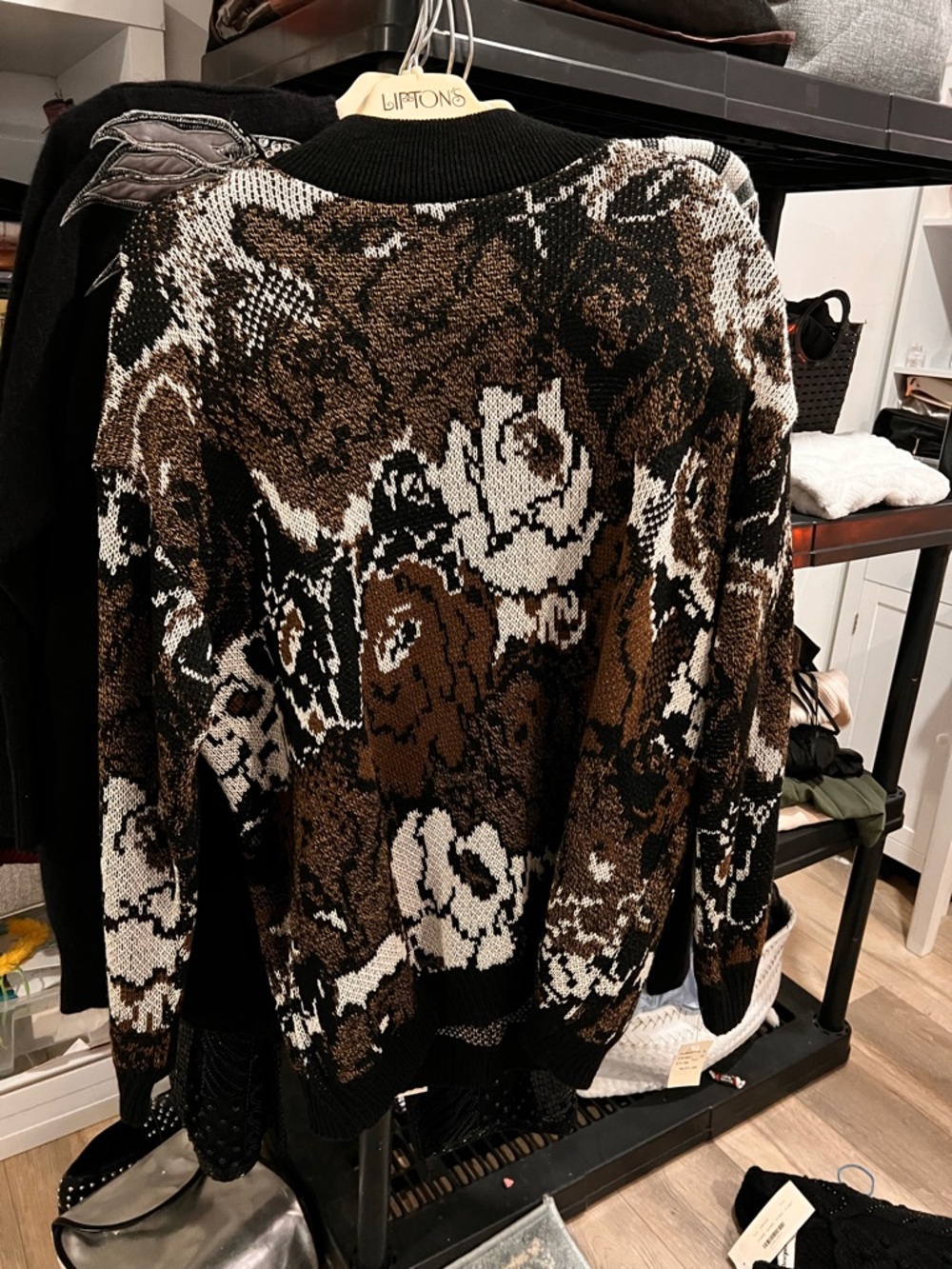 Brown Black White Floral Knit Sweater
